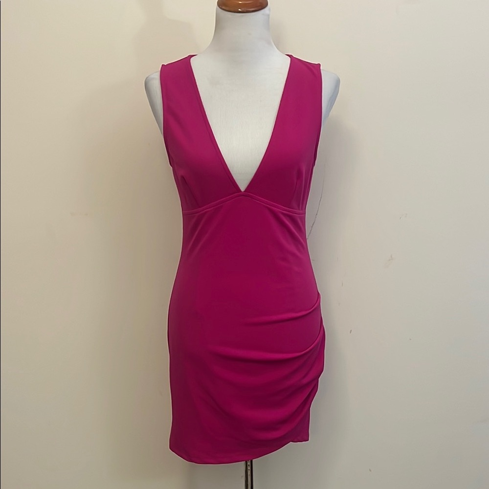 Hello Molly New Bold Pink Dress with Plunging Neckline and Ruched Side Size 8
